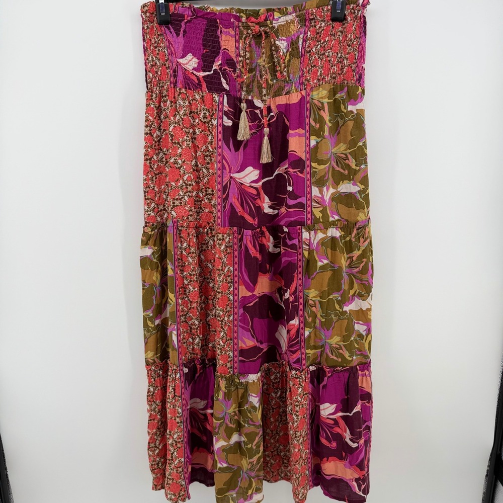 Boho Patchwork Maxi Skirt XL Floral Tiered Tassel Festival Cottagecore